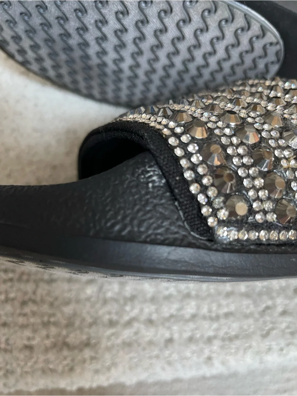 Skechers Black Cali Pop Ups Comfort Foot Bed Bling Sparkle Slides Sandals